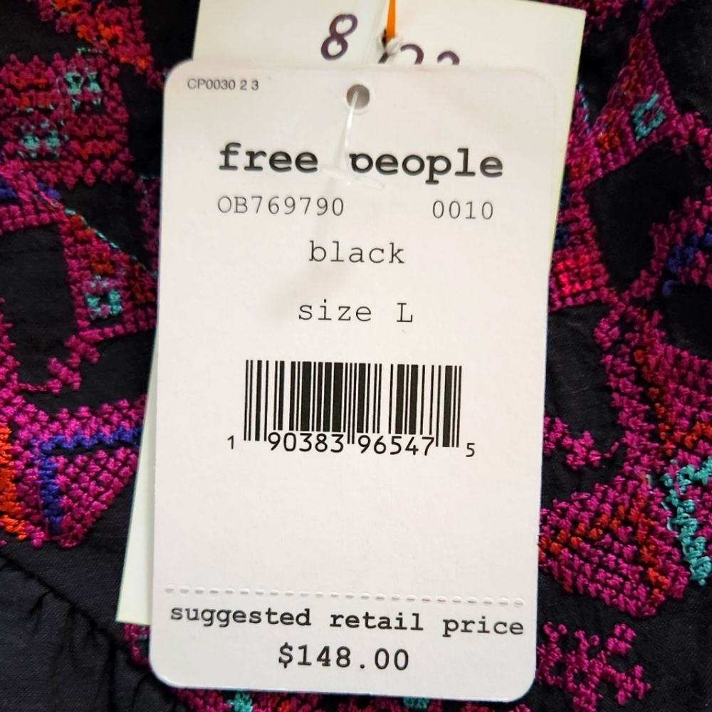 FREE PEOPLE boho festival  embroidered vacay vibin peasant top black Large NWT - Picture 5 of 7